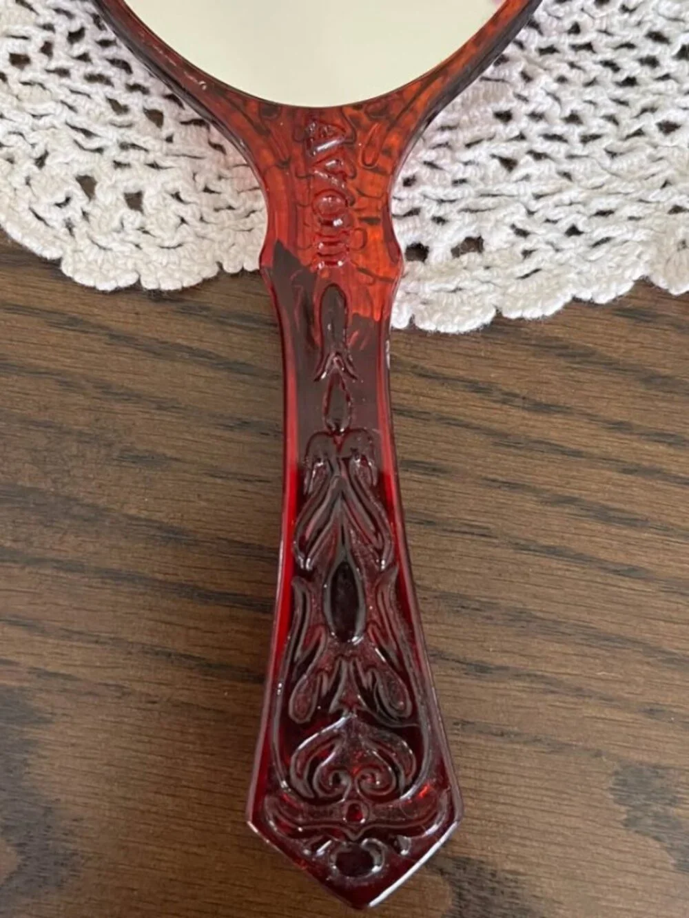 Vintage 70’s Cameo Amber Lucite Hand Mirror Ornate Handle Vanity